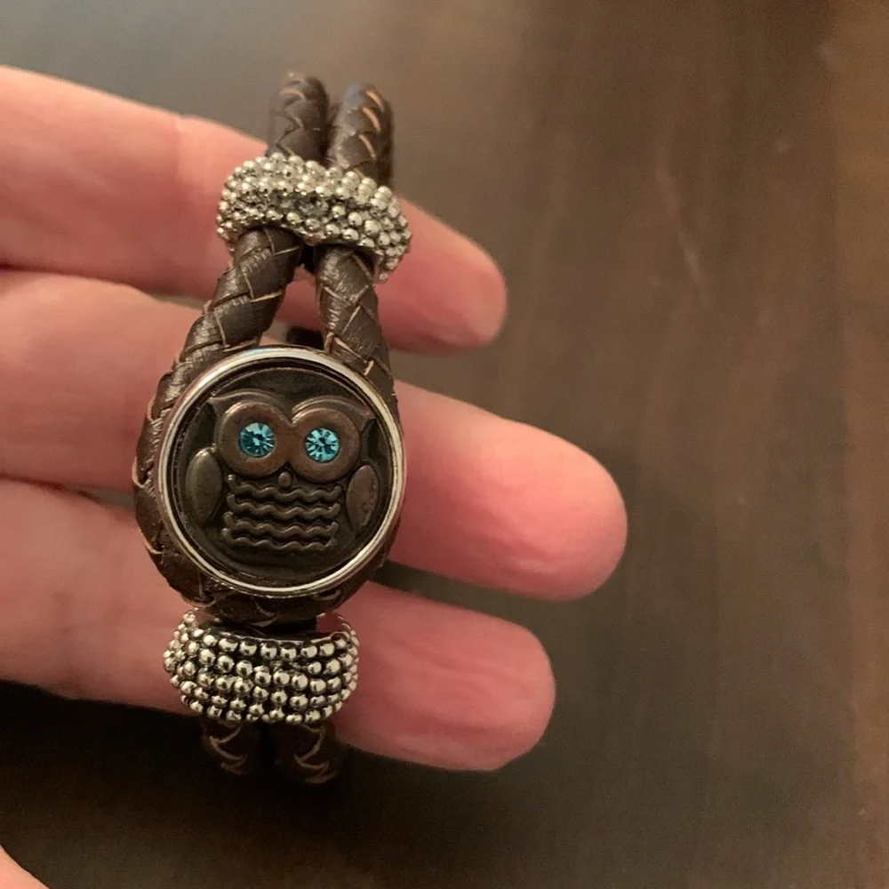 Double Stranded Braided Brown Leather Owl Bracelet - Picture 1 of 4